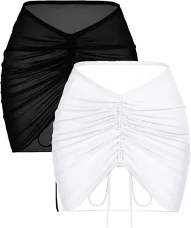 AI'MAGE 2 Pieces Women Beach Sheer Cover Ups Mesh Bikini Wrap Ruched Skirt for Swimwear S-XXL