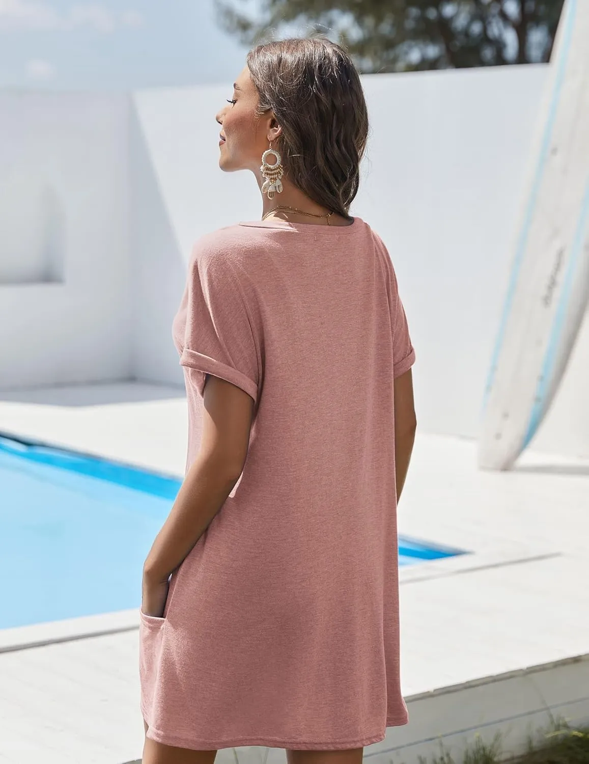 AI'MAGE Swimsuit Coverup for Women 2025 Bathing Suit Cover Up Short Sleeve Swimwear Bikini Beach T-Shirt with Pockets