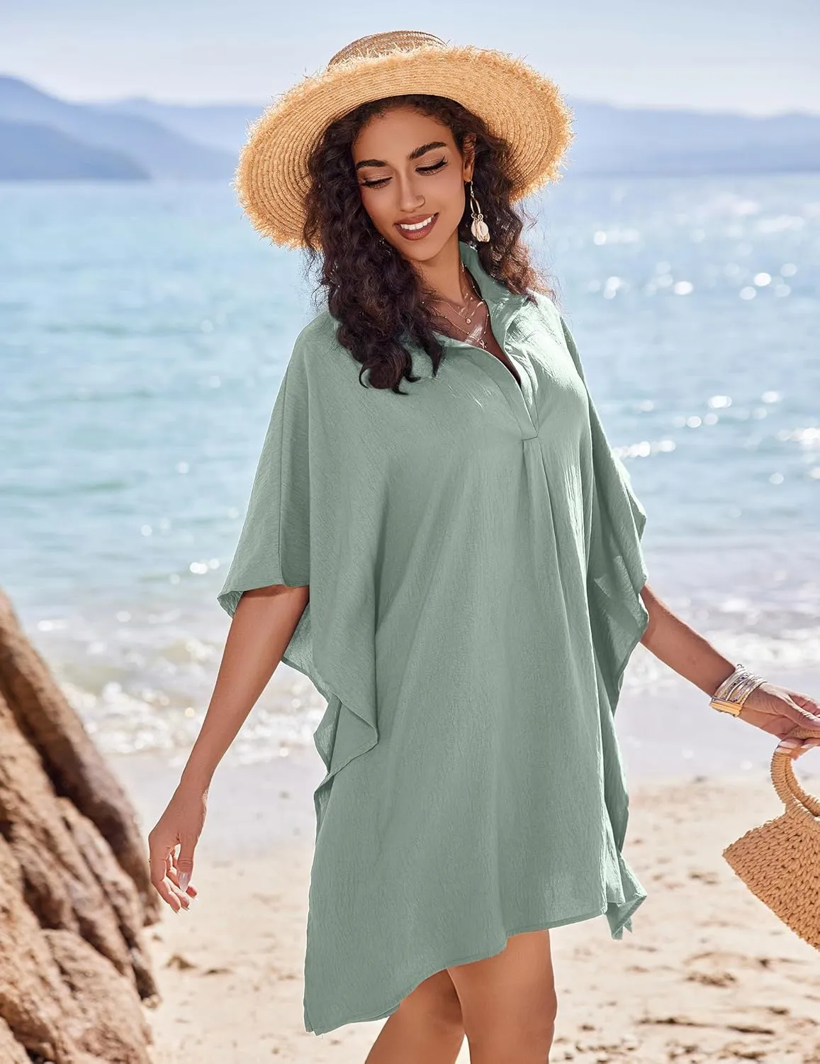 AI'MAGE Womens Swimsuit Beach Cover Up Shirt Summer 3/4 Sleeve Bathing Suit Beach Dress Oversized Bikini Coverups S-3XL