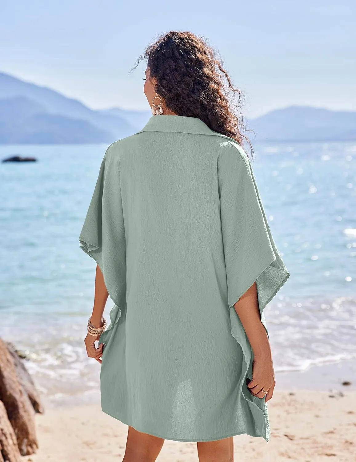 AI'MAGE Womens Swimsuit Beach Cover Up Shirt Summer 3/4 Sleeve Bathing Suit Beach Dress Oversized Bikini Coverups S-3XL