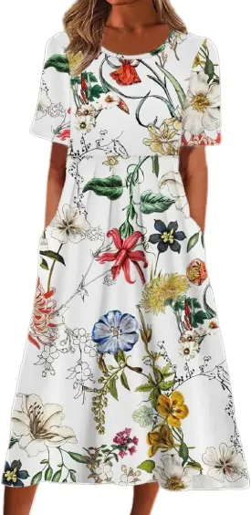Akivide Womens Boho Floral Flowy Midi Dresses Casual Loose Summer Short Sleeve Beach Dress with Pockets