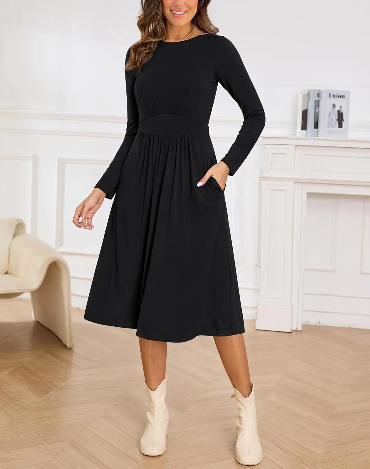 Annebouti Womens Fall Winter Midi Dress with Pockets Solid Flowy Wedding Guest A Line Long Sleeve Dress