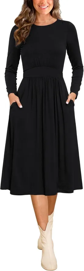 Annebouti Womens Fall Winter Midi Dress with Pockets Solid Flowy Wedding Guest A Line Long Sleeve Dress