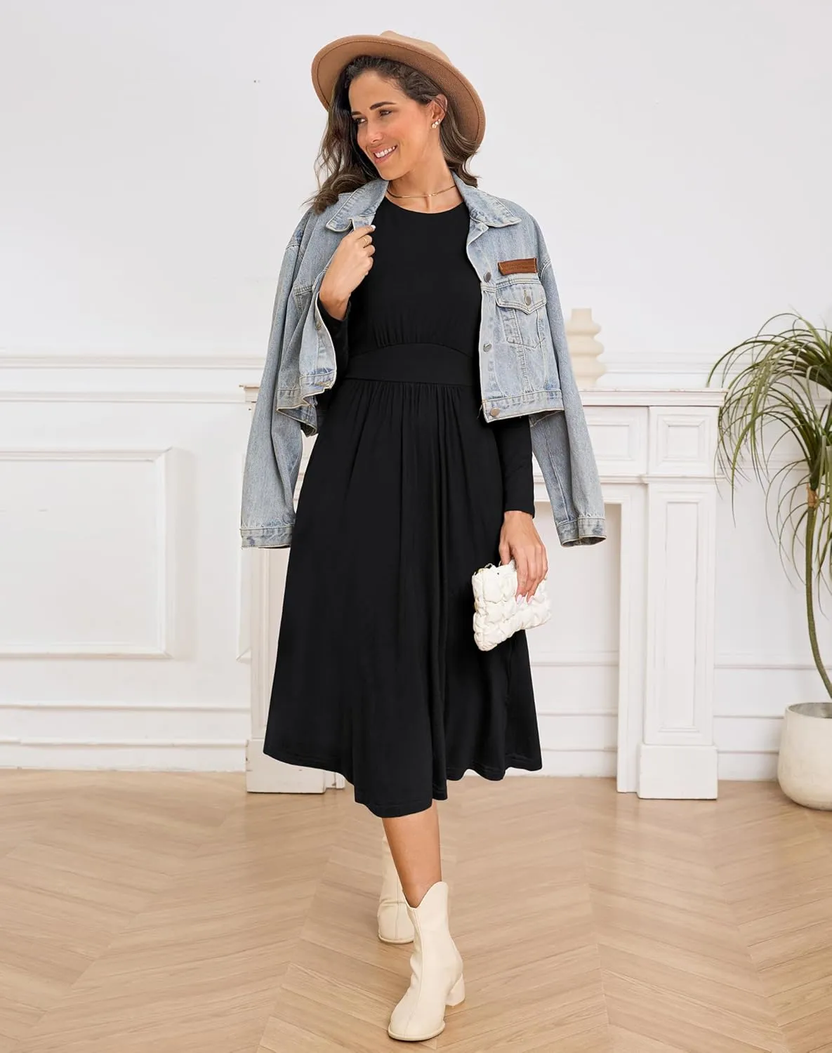 Annebouti Womens Fall Winter Midi Dress with Pockets Solid Flowy Wedding Guest A Line Long Sleeve Dress