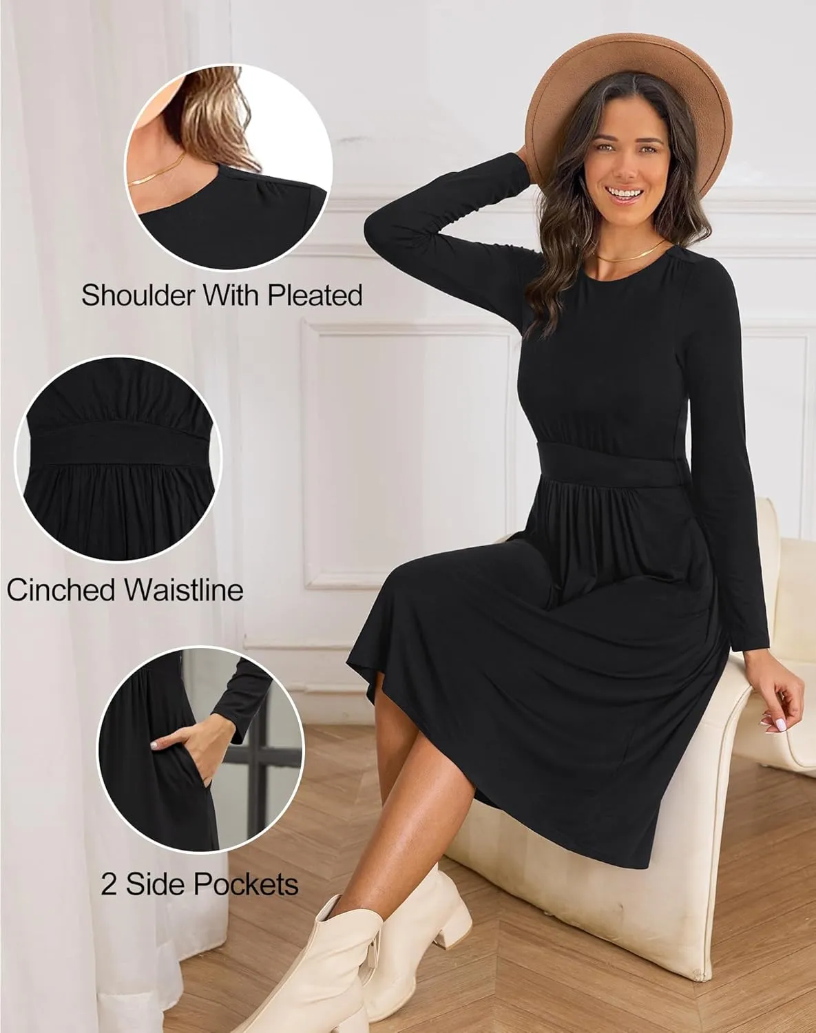 Annebouti Womens Fall Winter Midi Dress with Pockets Solid Flowy Wedding Guest A Line Long Sleeve Dress