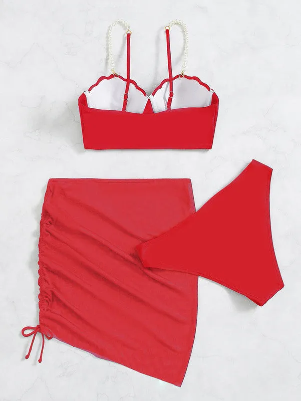 Beach Pearl Embellished Bikini Set Push Up Shell Bra & Bikini Bottom & Beach Skirt 3 Piece Bathing Suit Red