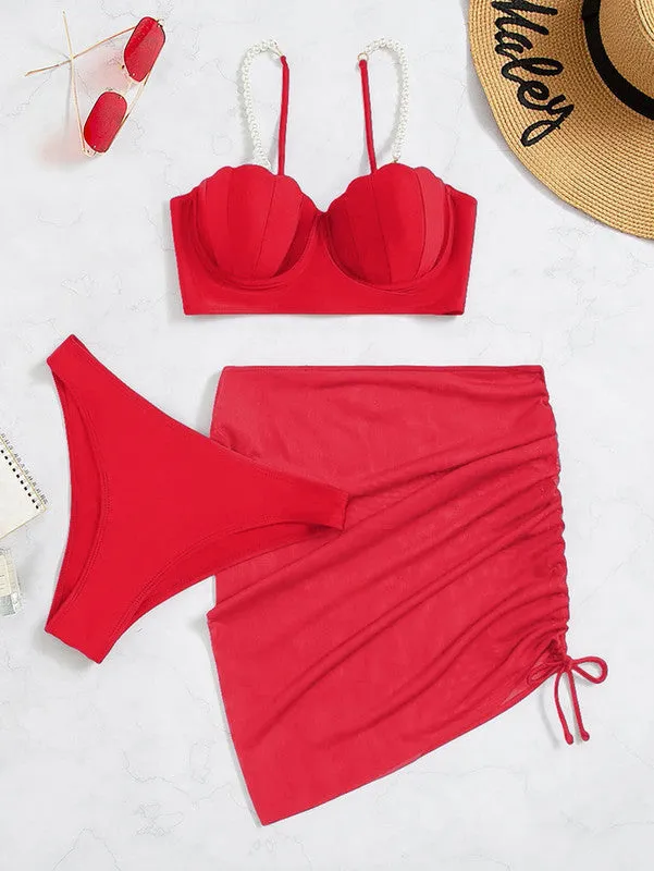 Beach Pearl Embellished Bikini Set Push Up Shell Bra & Bikini Bottom & Beach Skirt 3 Piece Bathing Suit Red