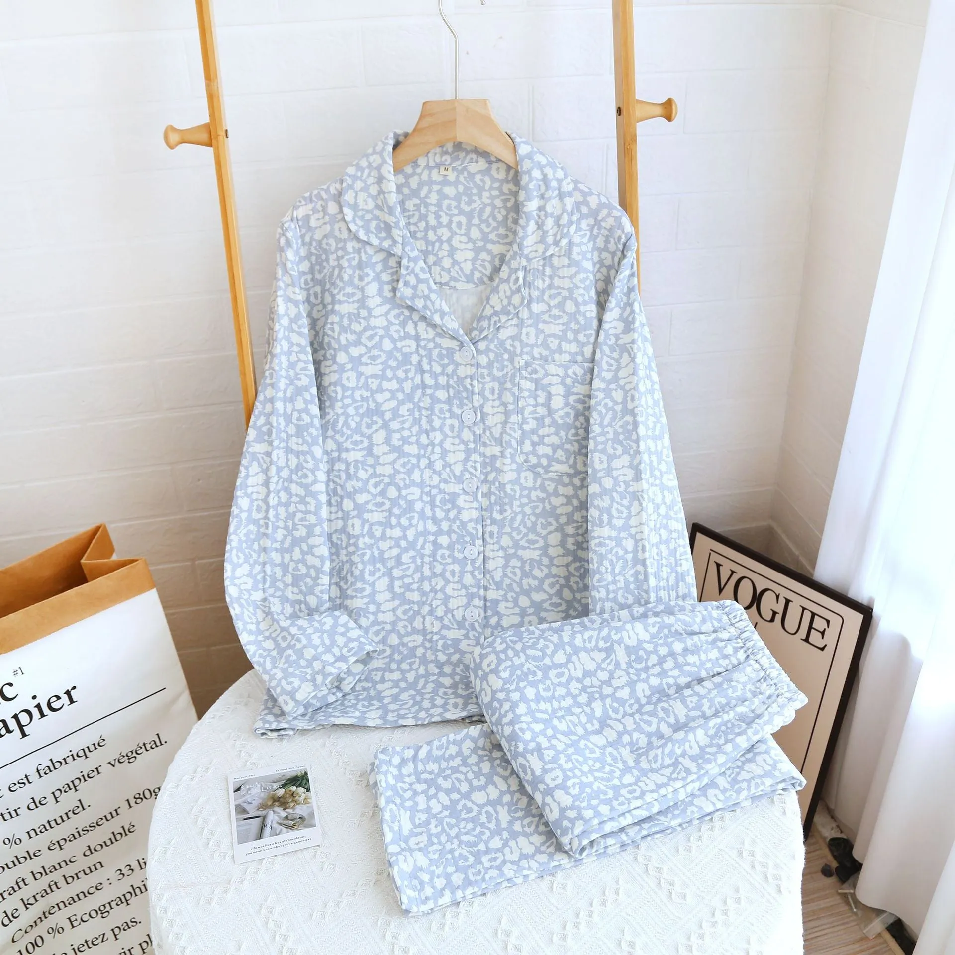 Blue Double Layer Cotton AOP Pajama Set