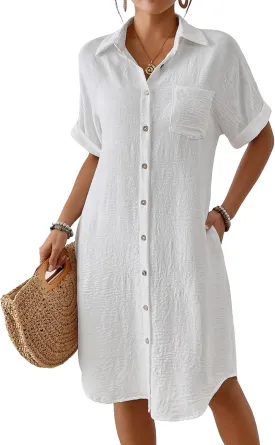 Bsubseach Womens Swimsuit Cover Up Long Button Down Bathing Suit Cover Ups Short Sleeve Summer Beach Shirt Dress with Pockets