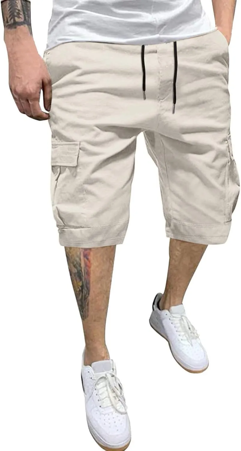 Cargo Shorts for Men Big and Tall Summer Casual Work Shorts Drawstring Elastic Waist Knee Length Bermuda Short 2025