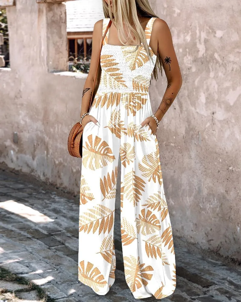 ChicMe Women's Casual Loose Overalls Jumpsuits Floral One Piece Square Neck Shirred Pants with Pockets