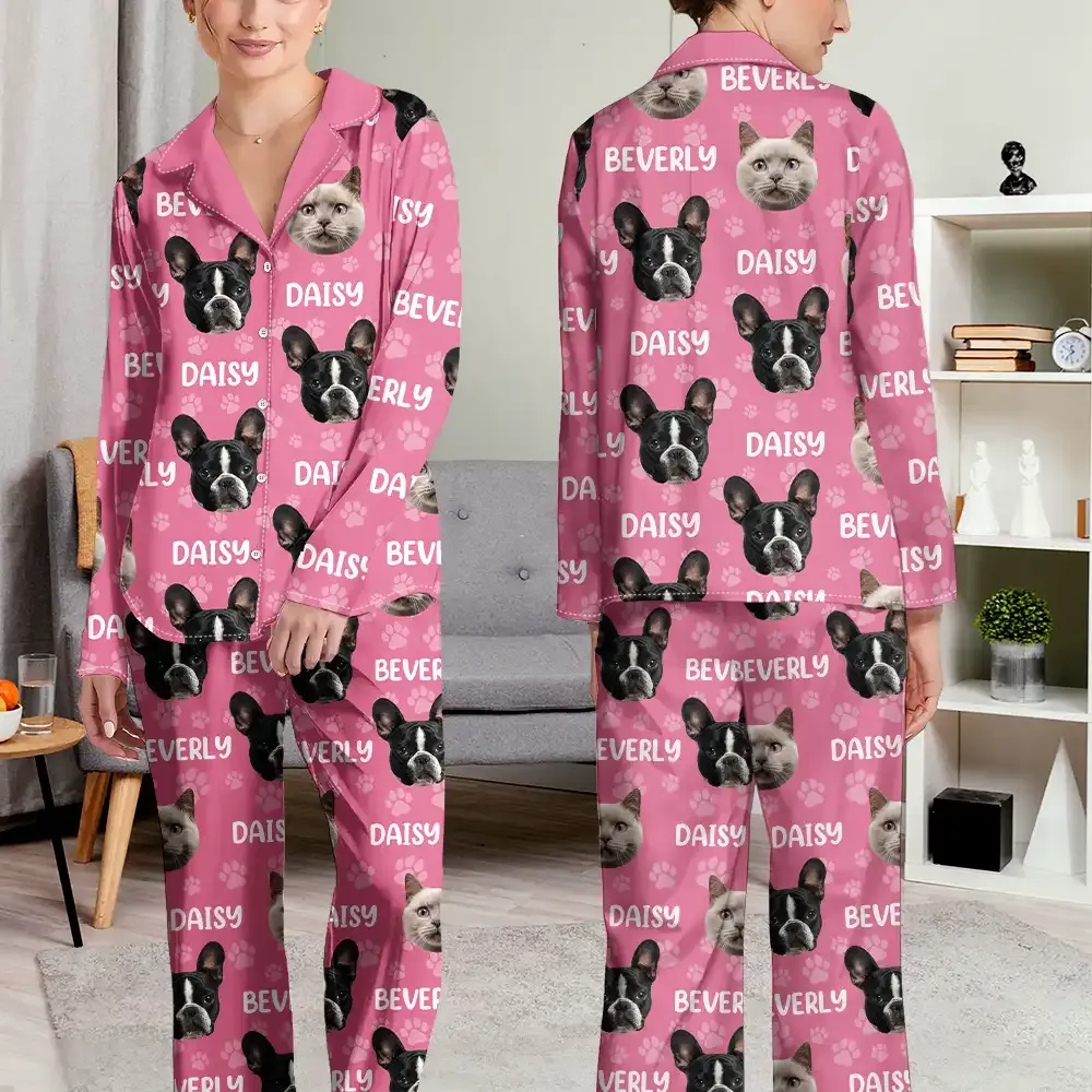 Custom Photo Funny Pet Face Pattern Dog Cat Family - Personalized Long Pajamas Set