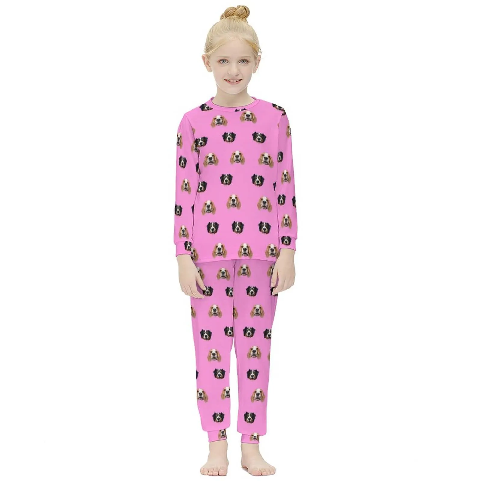 #For 6-12Y Custom Pets Face Pajamas Pink Sleepwear Personalized Kids Long Sleeve Pajama Set