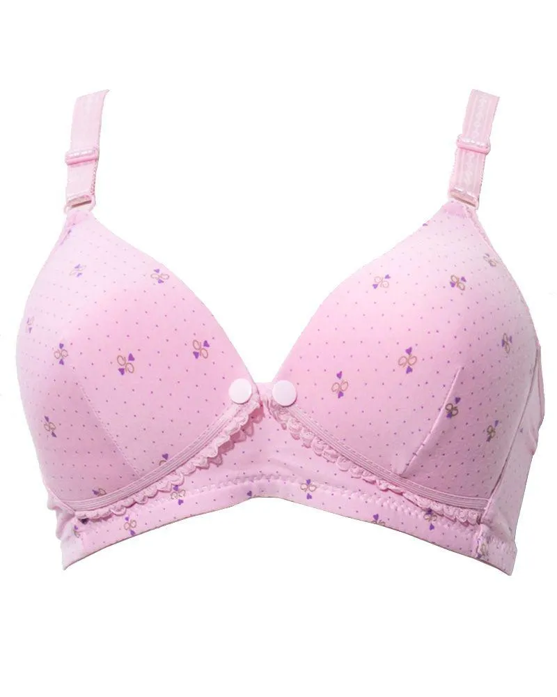 Front Open Bra with Button - Soft Padded Non Wired Bra - Pink Flower