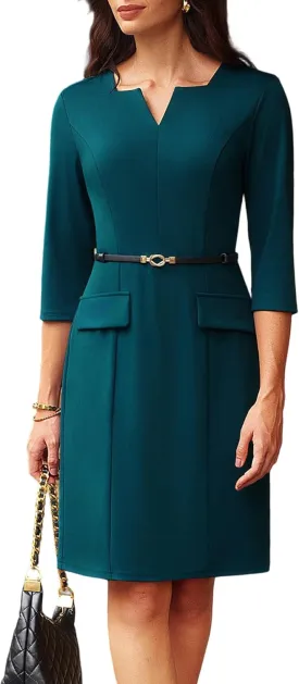 GRACE KARIN 2025 Women's 3/4 Sleeve Business Work Dress V Neck Bodycon Sheath Dress with Belt