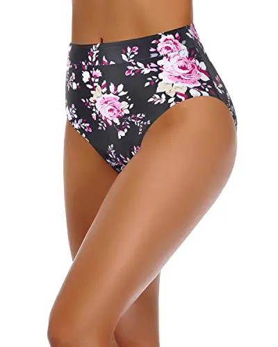 High Cut Solid Color Bikini Bottom To Match Swimsuit Tops-Black And Pink Floral