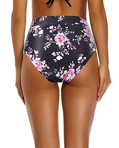High Cut Solid Color Bikini Bottom To Match Swimsuit Tops-Black And Pink Floral