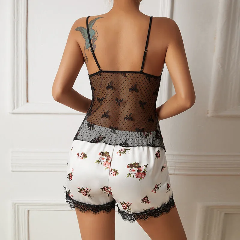 Ice Silk Lace Stitching Home Sexy Suspender Pajamas Set