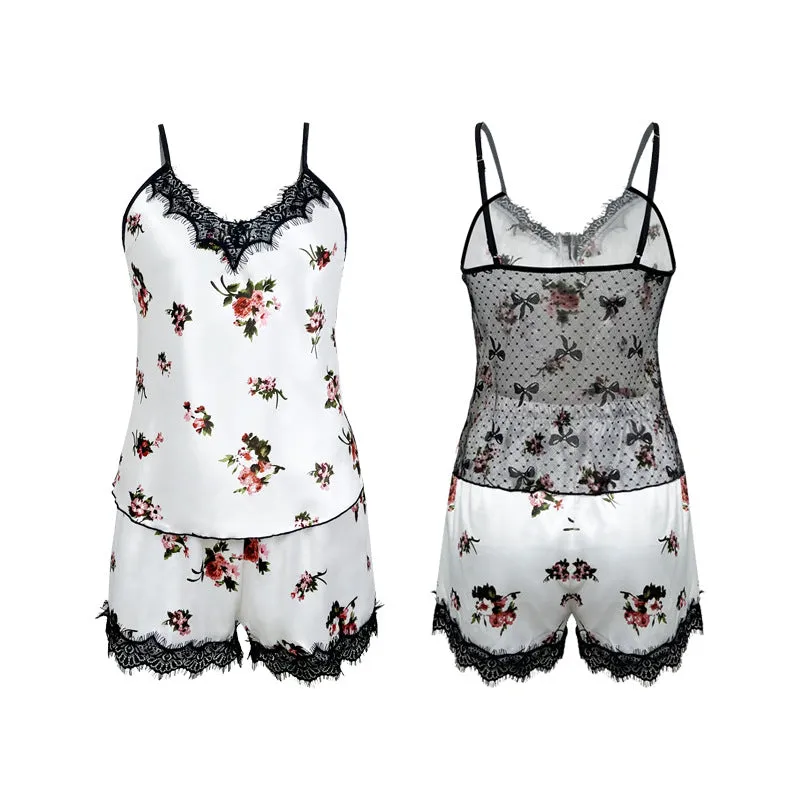 Ice Silk Lace Stitching Home Sexy Suspender Pajamas Set