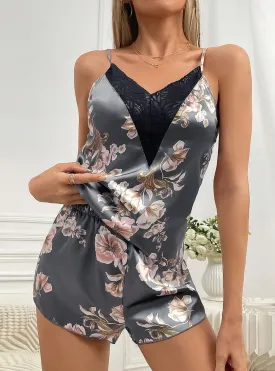 Ice Silk Lace Stitching Suspender Pajamas Suit