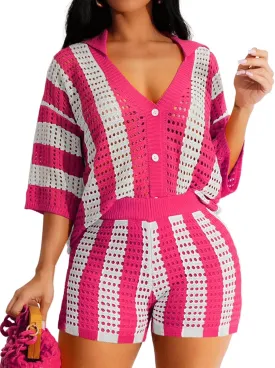 KANSOON Short Sets for Women 2 Piece Knit Crochet Beach Vacation Color Block V Neck Button Shirt Shorts Summer Outfit
