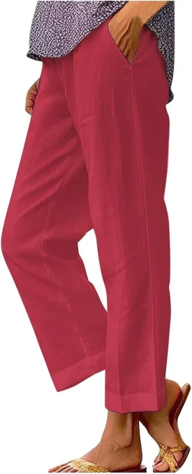 LCMTWX Women's Summer Casual Linen Pants and Linen Casual Pants Casual Loose Drawstring Beach Pants for Women White Pants