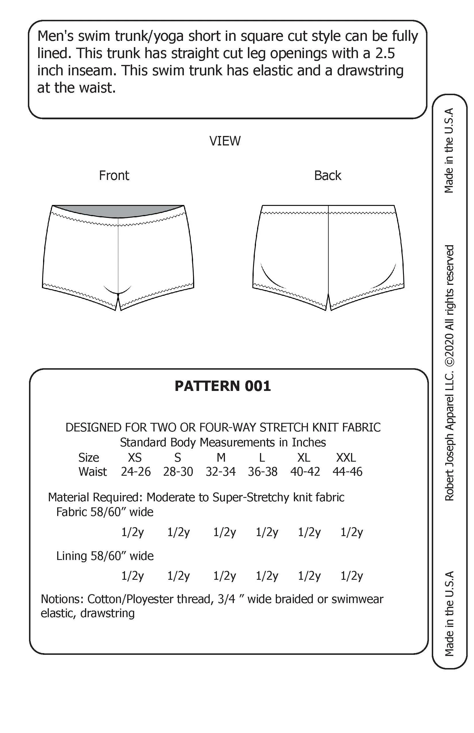 Mens Square Cut Swim Trunk Yoga Short Sewing Pattern PDF Digital Download