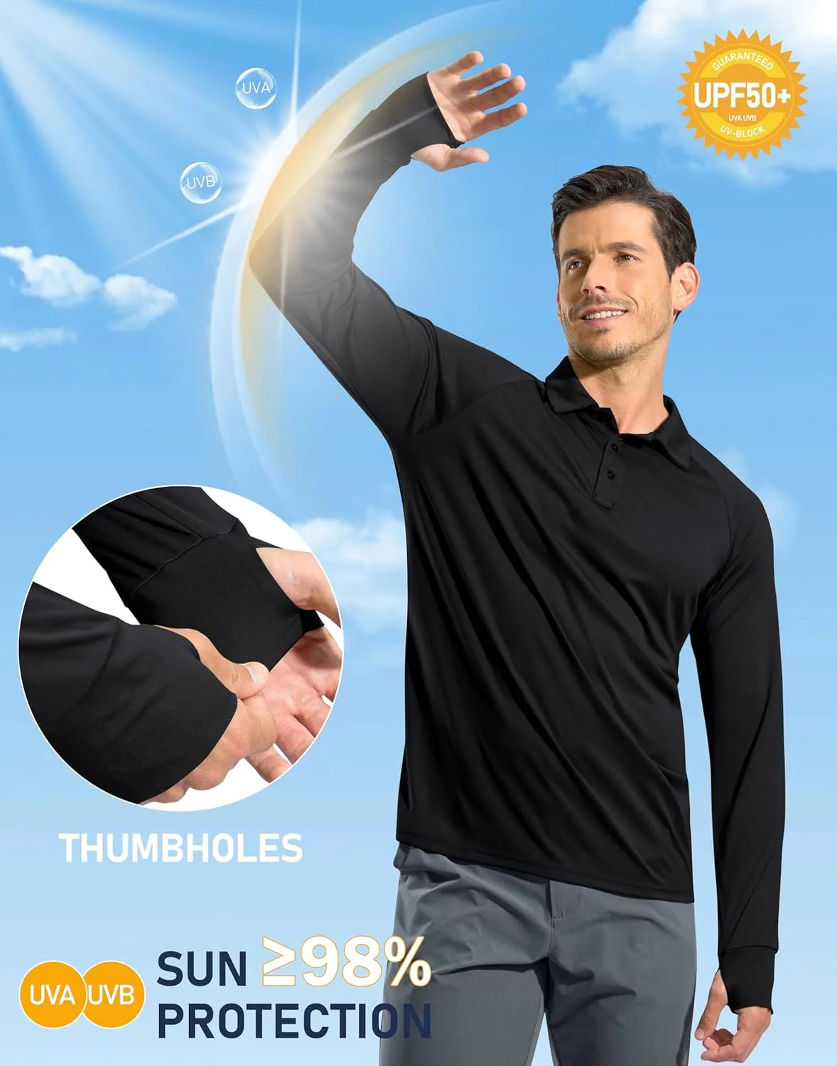 Pudolla Men's Long Sleeve Golf Polo Shirt UPF 50  Lightweight Sun Protection Cool Shirts for Men Work Fishing Hiking