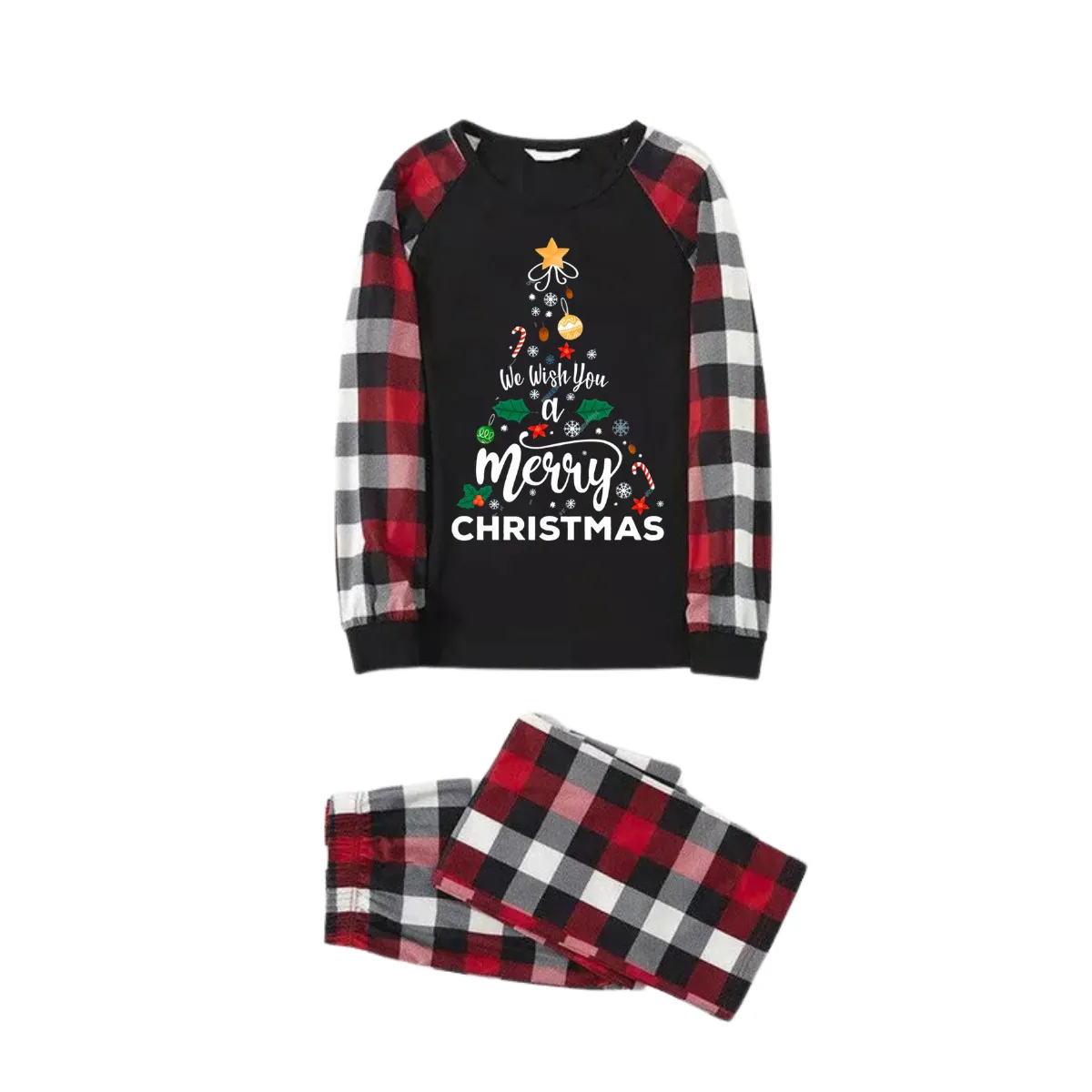 "We Wish You a Merry Christmas" Prints Red & Black & Grey & White Plaid  Couple Matching Pajamas