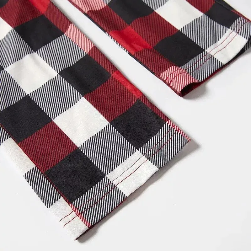 Red Santa Hat "Merry Christmas" Letter Print Black Long Sleeves Top with Vintage Black and Red Large Check Pants Couple Matching Pajamas