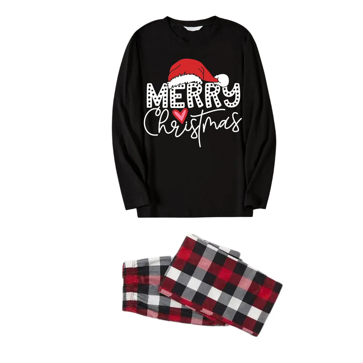 Red Santa Hat "Merry Christmas" Letter Print Black Long Sleeves Top with Vintage Black and Red Large Check Pants Couple Matching Pajamas