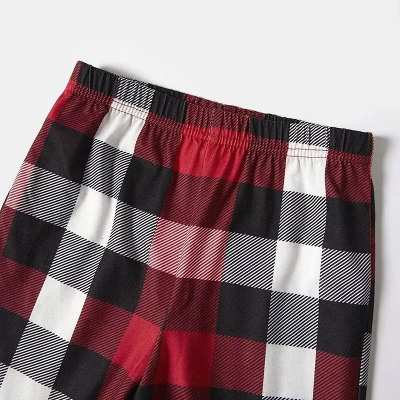 Red Santa Hat "Merry Christmas" Letter Print Black Long Sleeves Top with Vintage Black and Red Large Check Pants Couple Matching Pajamas