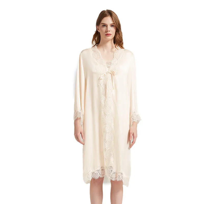 Romantic silk suspender robe with lace straps