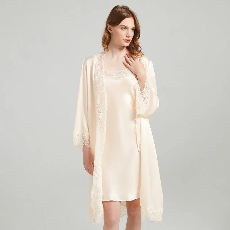 Romantic silk suspender robe with lace straps