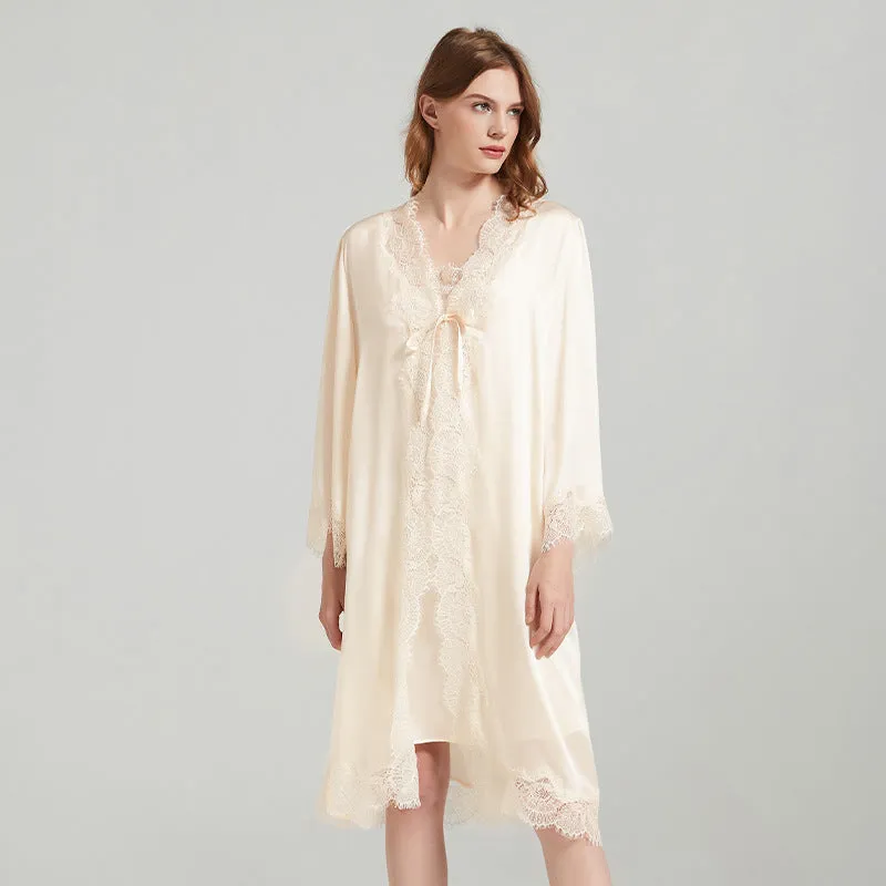 Romantic silk suspender robe with lace straps