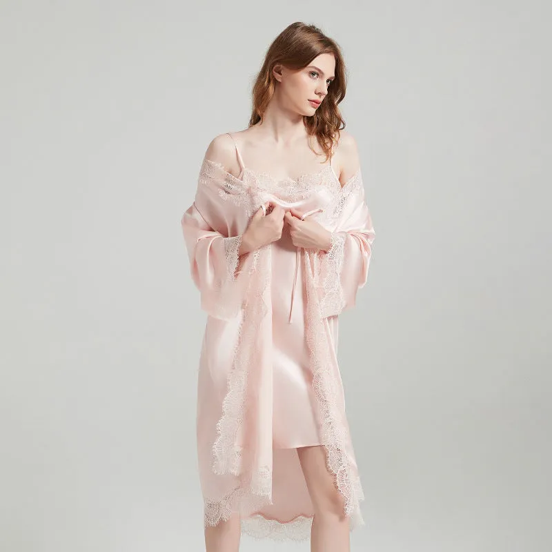 Romantic silk suspender robe with lace straps