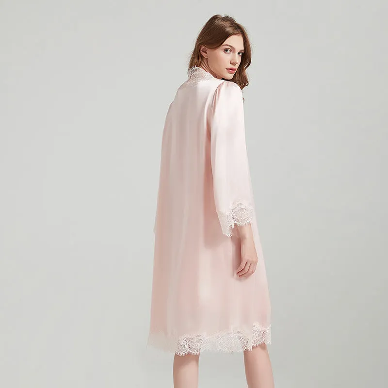 Romantic silk suspender robe with lace straps