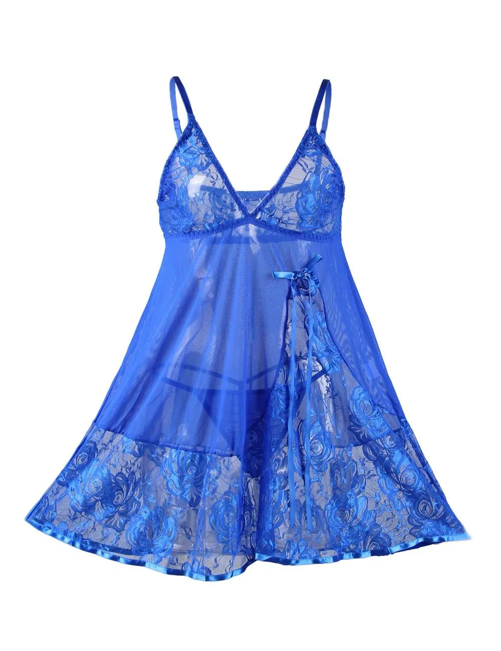 Sexy Transparent V Neck Lace Short Blue Plus Size Nightdress Egypt