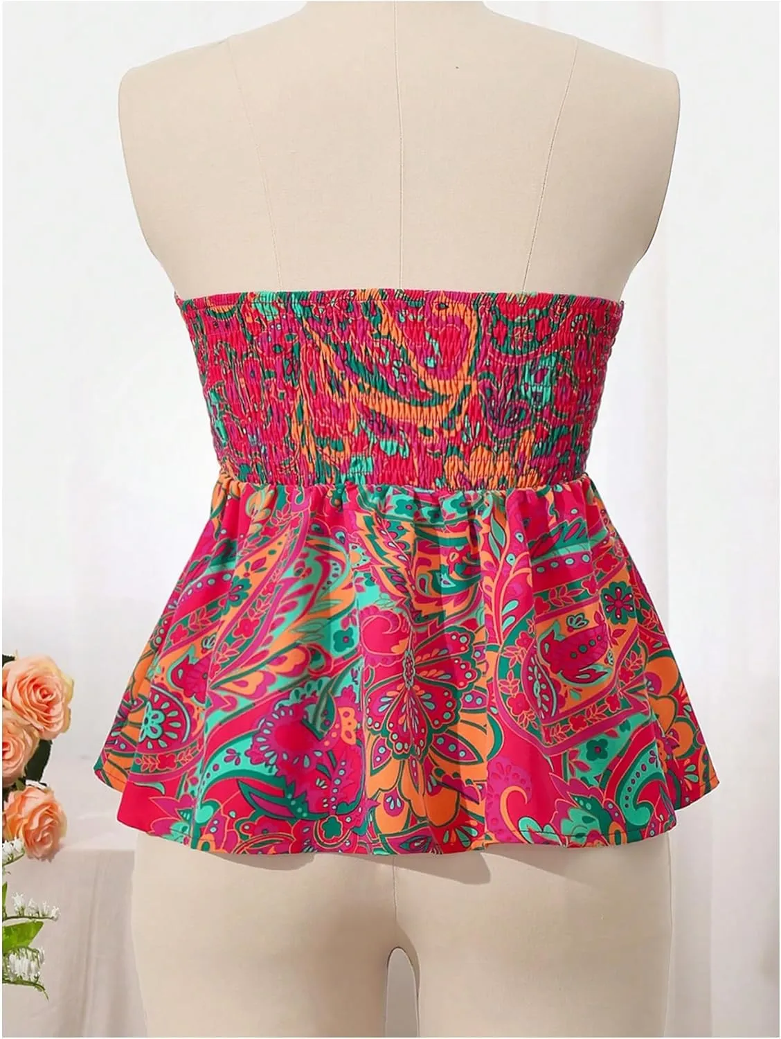 SHENHE Women's Floral Tube Tops Strapless Tie Front Frill Peplum Shirred Boho Summer Bandeau Top