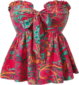 SHENHE Women's Floral Tube Tops Strapless Tie Front Frill Peplum Shirred Boho Summer Bandeau Top