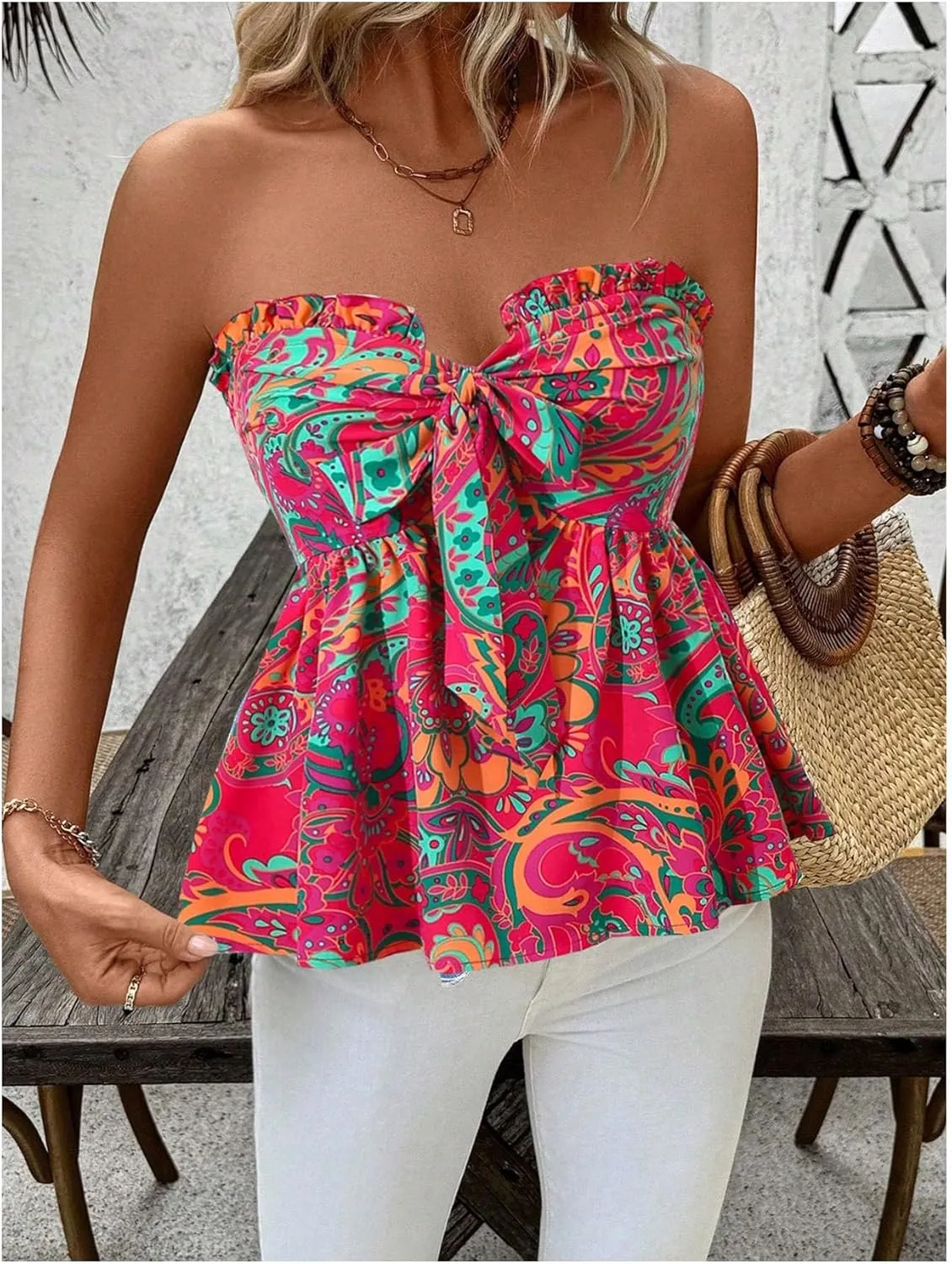 SHENHE Women's Floral Tube Tops Strapless Tie Front Frill Peplum Shirred Boho Summer Bandeau Top