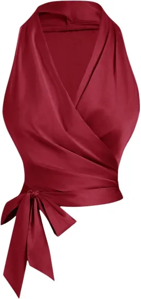 SHENHE Women's Satin Wrap Ruched Tie Side Tank Top Deep V Neck Sleeveless Elegant Blouse