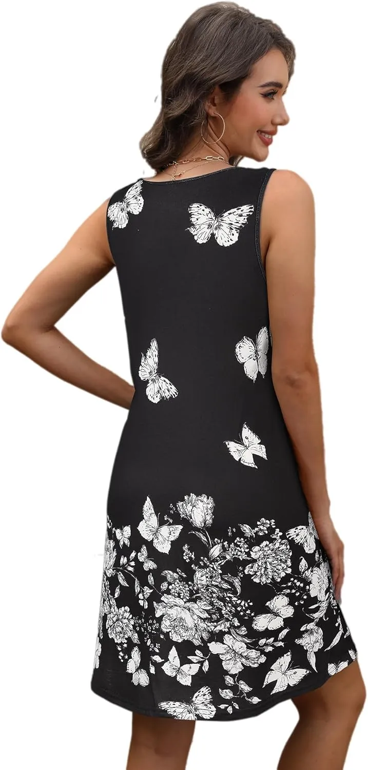 Sherosa Casual Summer Sleeveless V Neck Sundress Loose Beach Swimsuit Cover Up Floral Mini Dress with Pockets（S-XXL）