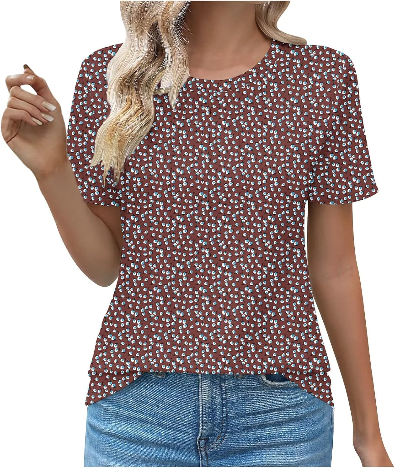 Short Sleeve Shirts for Women Dress Casual Round Neck Pleated Tee Tops Floral Print Chiffon Blouse Summer Loose Fit