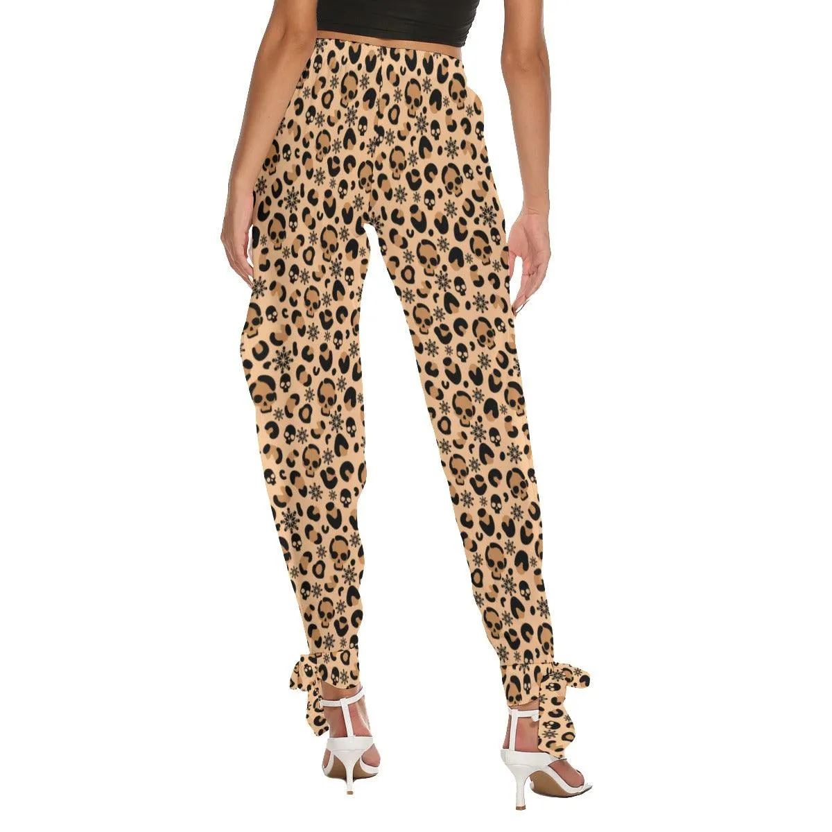 Skull Leopard Seamless All-Over Print Women's Side Cutout Pants, Trouser With Bottom Strap