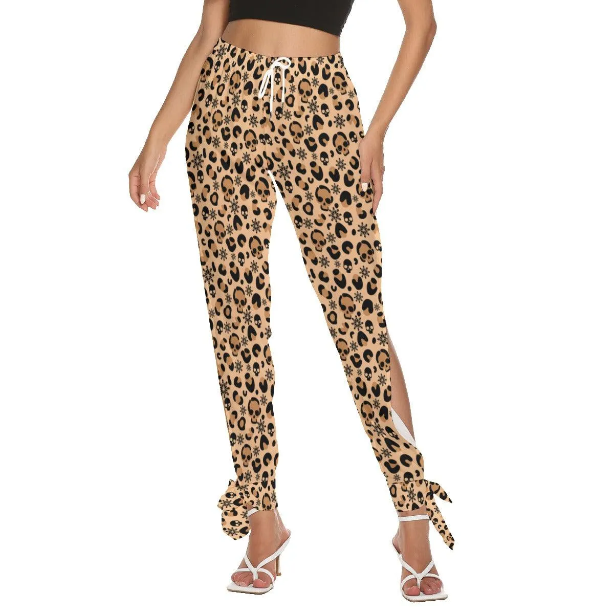 Skull Leopard Seamless All-Over Print Women's Side Cutout Pants, Trouser With Bottom Strap