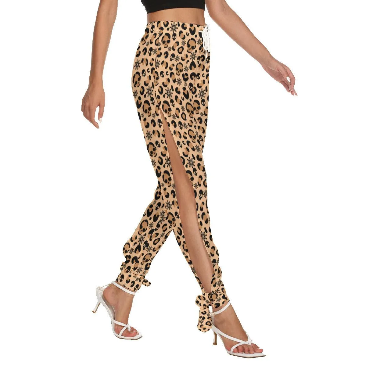 Skull Leopard Seamless All-Over Print Women's Side Cutout Pants, Trouser With Bottom Strap