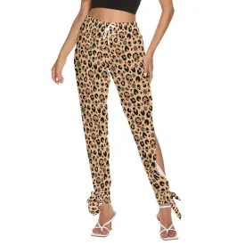 Skull Leopard Seamless All-Over Print Women's Side Cutout Pants, Trouser With Bottom Strap