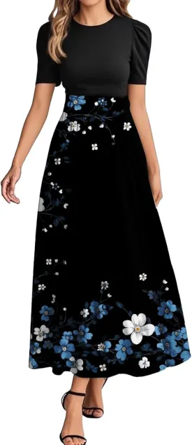 Summer Dresses for Women Flowy Patchwork Empire Waist Maxi Dress Tie Belted Floral Short Sleeve Dress Elegant Dress
