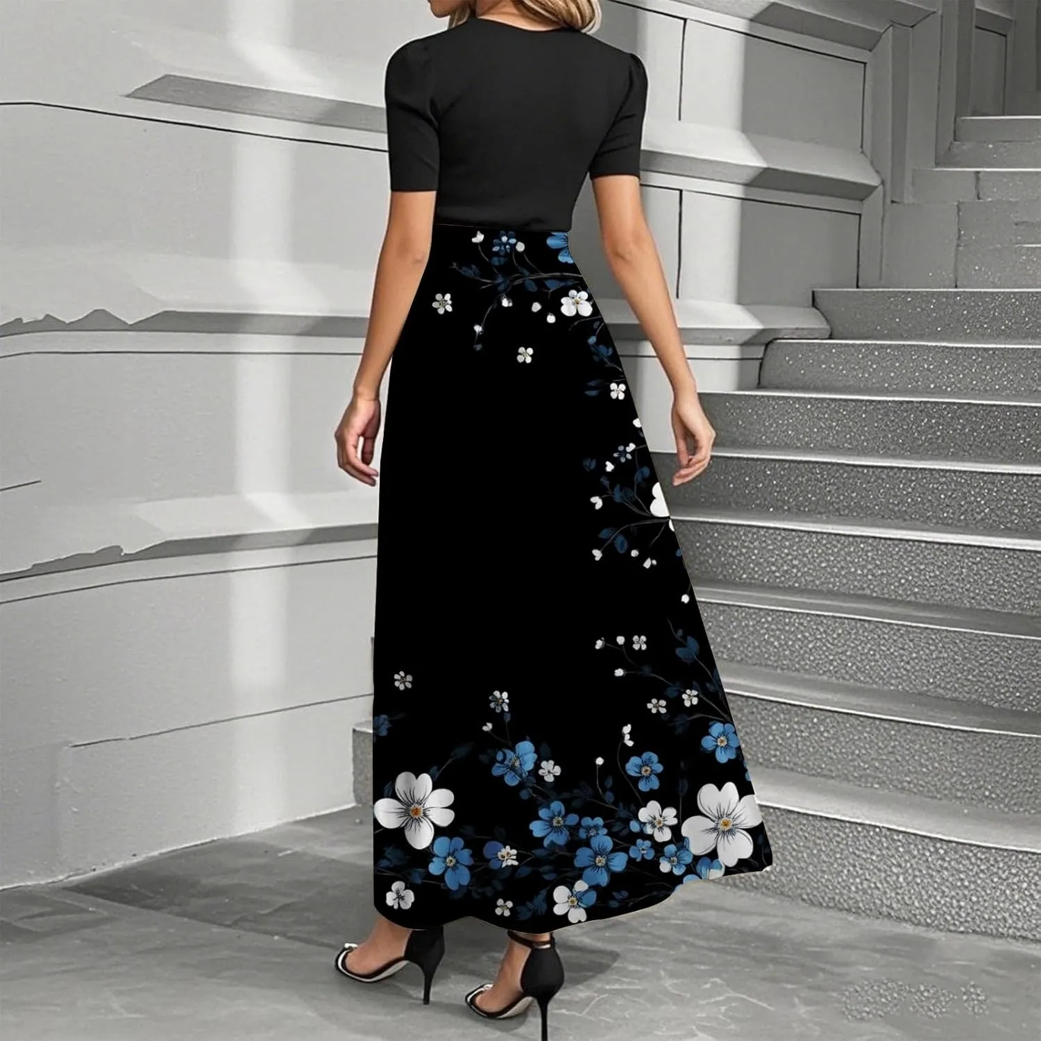 Summer Dresses for Women Flowy Patchwork Empire Waist Maxi Dress Tie Belted Floral Short Sleeve Dress Elegant Dress